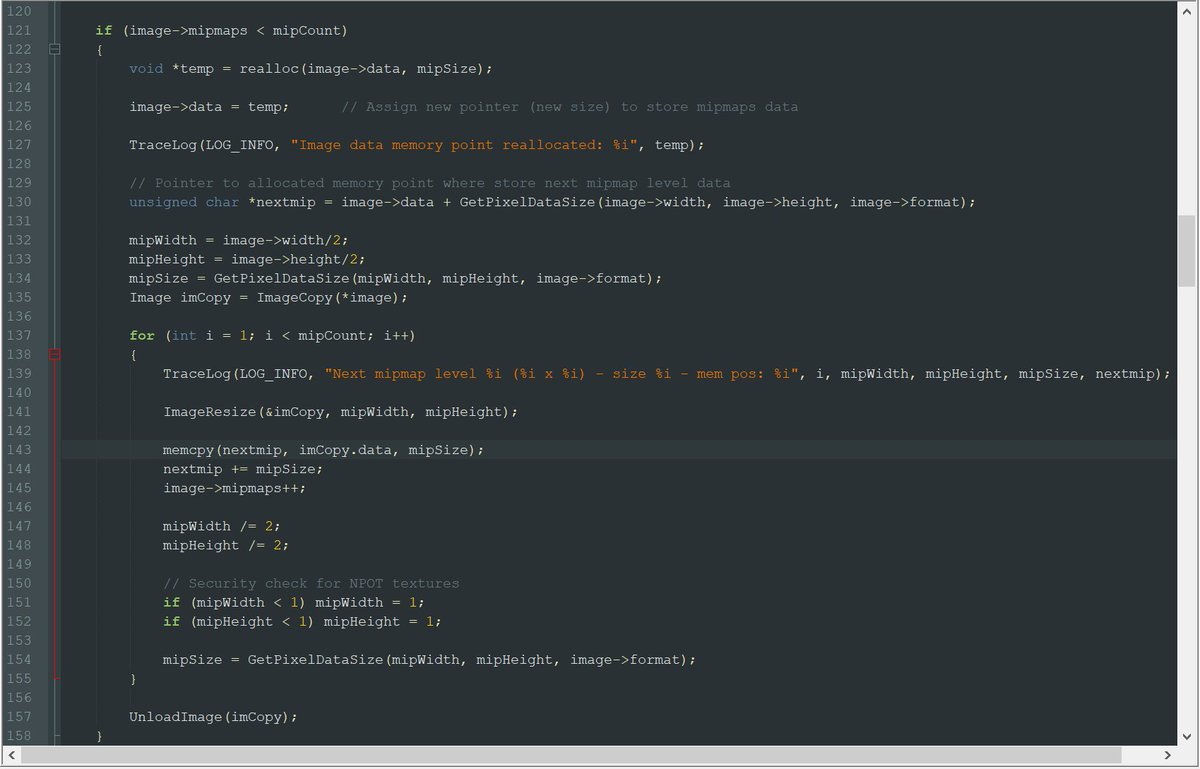 raysan5's tweet photo. Latest #raylib improvement: CPU #mipmaps generation and loading, data stored at the end of https://t.co/jwRBnUlV5W struct, supports any #pixelformat, supports #NPOT images, #Mitchell cubic downscale filter... #gamedev #codefun #codemath #programming https://t.co/twlDJkB8Hg