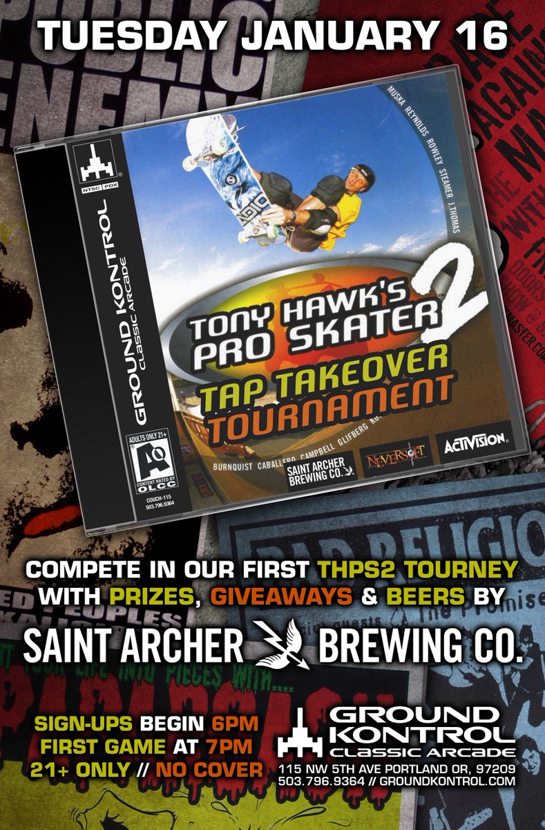 GroundKontrol's tweet photo. Who will we see tonight for our Tony Hawk’s Pro Skater 2 Tap Takeover Tournament with @saintarcherbrew?! Come try some of Saint Archer's best brews and play some games to the tunes of the classic THPS soundtracks! Show up before 7pm for your chance to sign up for the tournament! https://t.co/MUUgMmaRYB