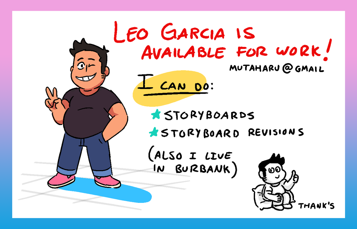 I'm OFFICIALLY looking for WORK! If you need a storyboard artist or revisionist who is nice and funny and hardworking HIT ME UP!

My portfolio is at https://t.co/lX15bnVbFW
and you can contact me at mutaharu@gmail.com

RTs are super appreciated! Thanks for looking ⭐️ 