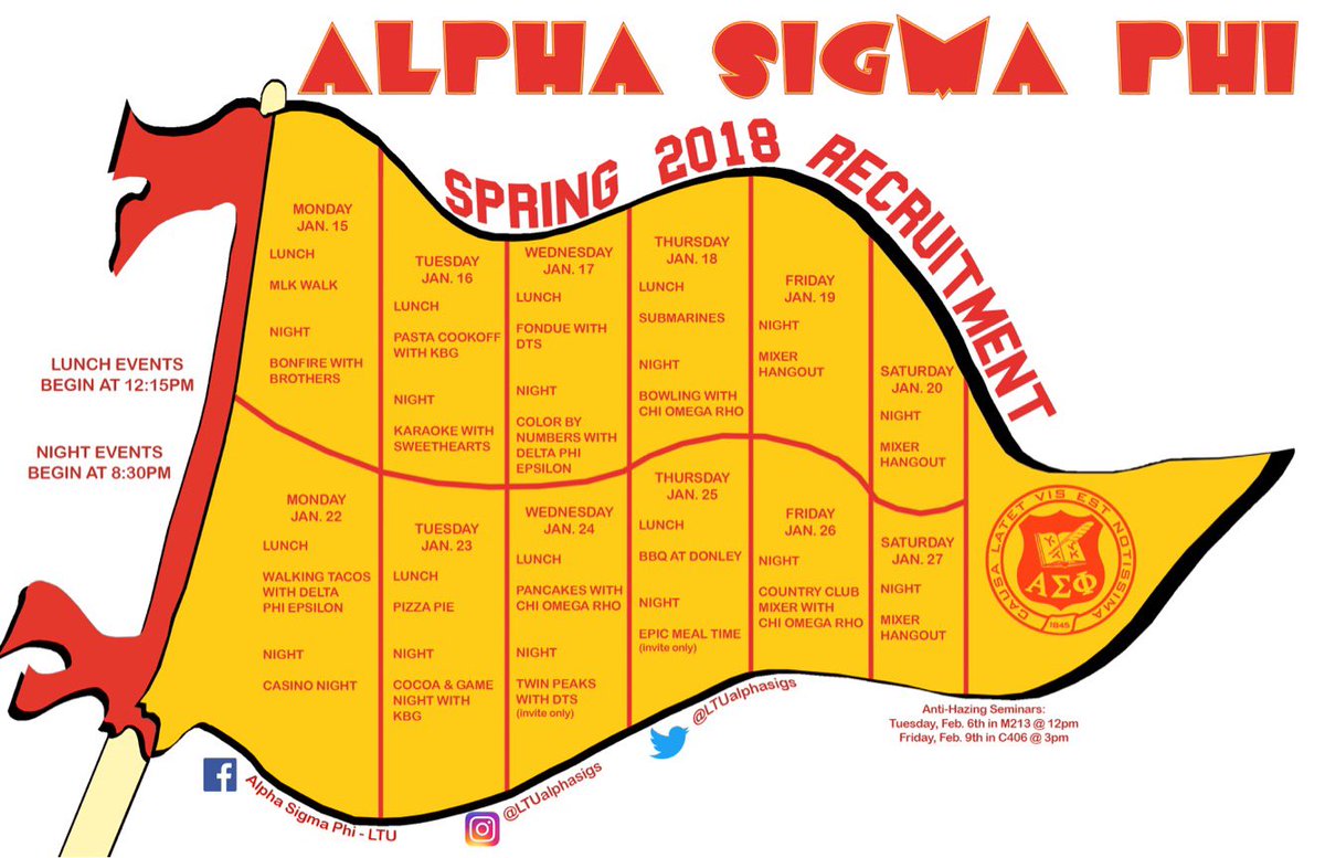 LTUAlphaSigs's tweet photo. Rush is upon us so come by and come to our events to learn about Alpha Sigma Phi! https://t.co/2WB2aaUfio