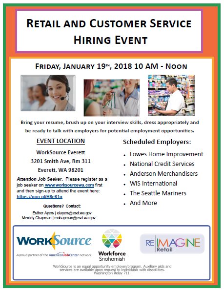 Explore a new career, apply to and gain new employment from this fun, informative Hiring Event.  Many employers are hiring at this event!@WorkSourceSnoCo <a href="/wforcesnohomish/">Workforce Snohomish</a> <a href="/EconAllianceSC/">Economic Alliance SC</a> <a href="/snoislelibrary/">Sno Isle Libraries</a>