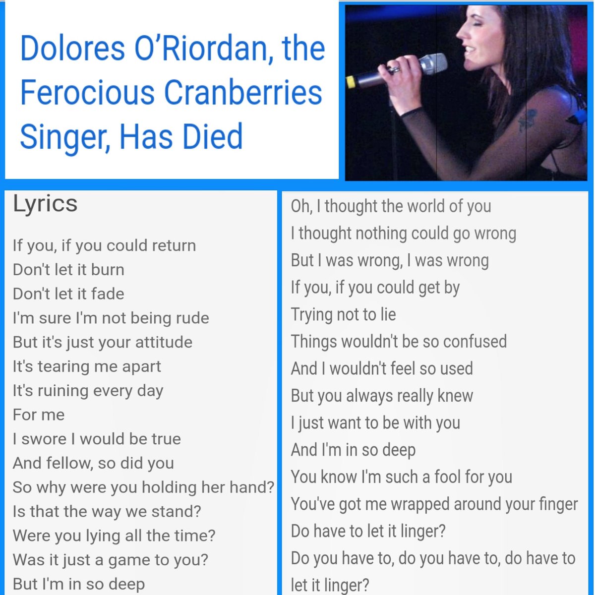 #Praying for her #Family. Lyrics are to  #Linger 💕 #TheCranberries #DeloresORiordan #SoundtrackToOurLives #TheCranberriesLinger  #IrishBands #Success   #ChartTopping  #Singer #Songwriter #TheCranberrieszombie  #Dreams #JasmineTaylorTV  #JasmineTaylorReports #Indie #Music