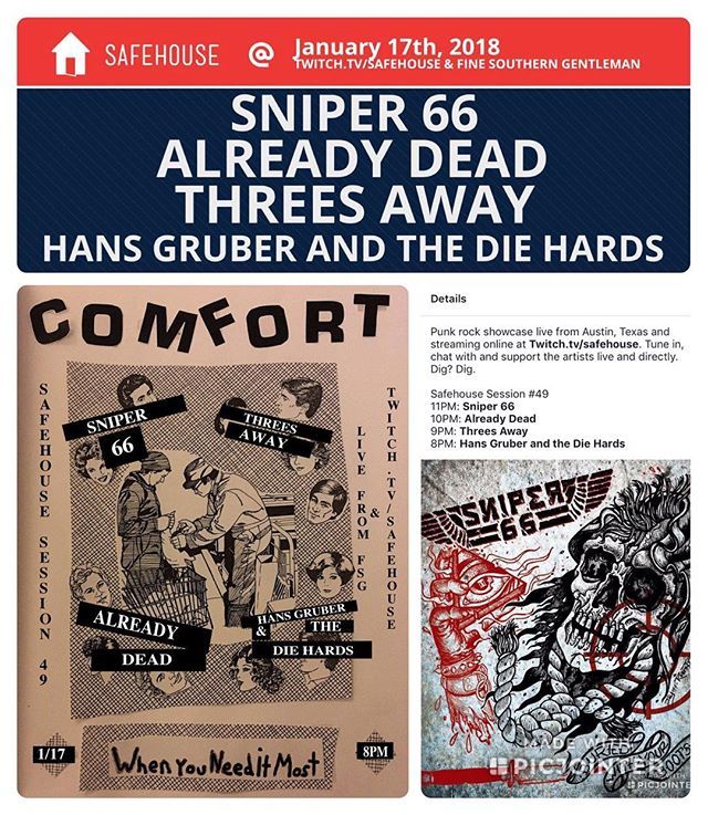 sniper66band's tweet photo. We're doing a @safehouseatx session tomorrow night at @fsgprints! Come out for some friends and free beer OR watch from anywhere in the world at https://t.co/2wUpanqD6X! Starts at 8pm CST!
.
.
#sniper66 #alreadydead #threesaway #hansgruber #safehousesess… https://t.co/EF6lU7LeHu https://t.co/Kq8QVi3iHA