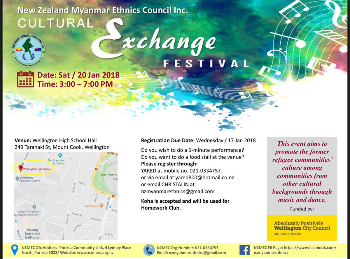 ChangeMakersNZ's tweet photo. Come celebrate this weekend with music & dance at the Myanmar Cultural Exchange Festival - Saturday 20 January, 3pm-7pm, Wellington High School, 249 Taranaki Street. Support their homework club too with your koha! #refugeeswelcome #learnaboutothers #jointhefestivities https://t.co/fJ3TBHzm5O