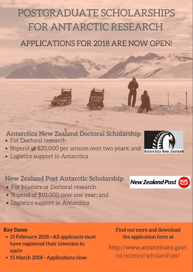 POSTGRADUATE SCHOLARSHIPS FOR ANTARCTIC RESEARCH! Applications for the 2018 season are now open!