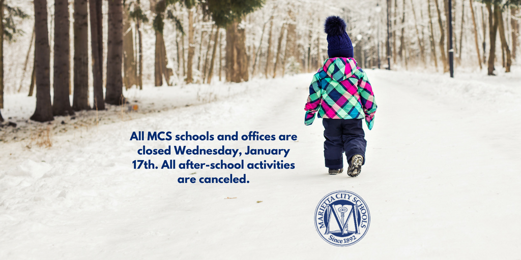 MariettaCitySch's tweet photo. Weather Alert: All MCS schools and offices are closed Wednesday, January 17, 2018 due to inclement weather. https://t.co/agwN1UypHU
