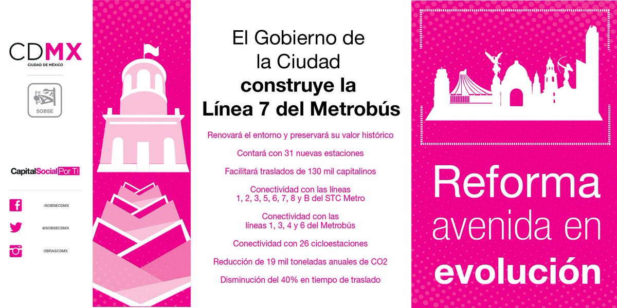 SOBSECDMX's tweet photo. Apostamos por el transporte sustentable, con los autobuses modernos de la  #MetrobúsL7 dejaremos de emitir 17 mil toneladas de Co2. #ObrasCDMX https://t.co/CZ0i7CkNeN