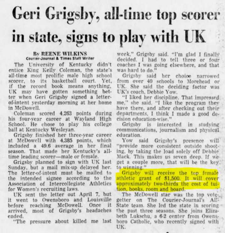 KYHSHistory's tweet image. Geri Grigsby was a scoring phenom for the McDowell Dare Devils from '75 to '77. She was highly recruited. I guess with the new Rupp Arena and everything else, money was tight at UK.
Geri signed with UK and got a 2/3rds scholarship.
I wonder if the men got 2/3rds back then?