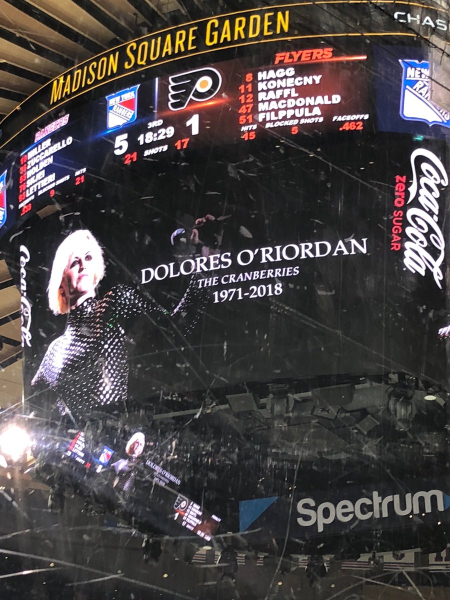 FirehouseProductions (@firehouseprdxns) on Twitter photo Nice tribute to a woman and voice taken too soon. RT <a href="/TheGarden/">MSG</a>: āCause you're a dream to me, dream to meā - Dreams by <a href="/The_Cranberries/">The Cranberries</a>.
In memory of Dolores Oā Riordan at tonightās <a href="/NYRangers/">New York Rangers</a> game. Nice tribute to a woman and voice taken too soon. RT <a href="/TheGarden/">MSG</a>: āCause you're a dream to me, dream to meā - Dreams by <a href="/The_Cranberries/">The Cranberries</a>.
In memory of Dolores Oā Riordan at tonightās <a href="/NYRangers/">New York Rangers</a> game.