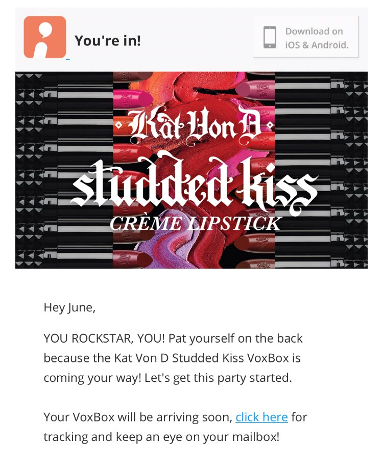 juneebie's tweet image. Favorite emails = @Influenster "you're in" emails (especially when they involve @KATVONDbeauty's #StuddedKiss Crème Lipstick 🙏💖) can't wait for it to arrive! #Influenster #contest