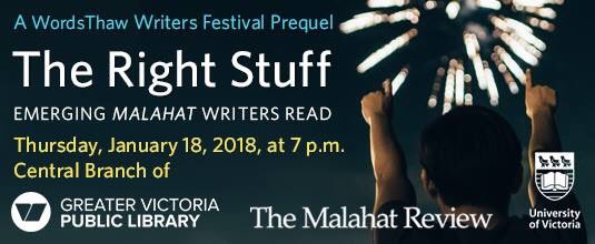 The Right Stuff reading in Victoria is this Thursday! Past and present Malahat interns @serenaherazade, <a href="/LeviFBaum/">Levi Binnema</a>, Jason Jobin, <a href="/HollyCLam/">Holly Lam</a>, Kyeren Regehr, @thelonriver, and <a href="/halwalling/">Hal Walling</a> will read from their own work. For more information, visit: tinyurl.com/y8lvtv2d