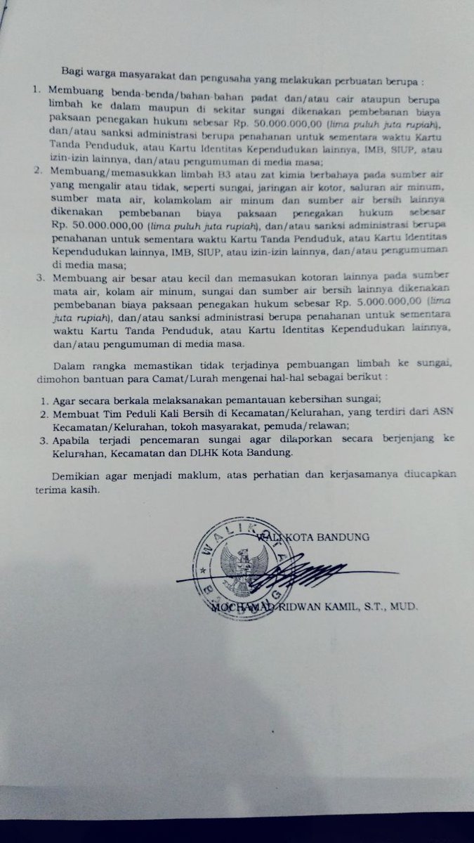 Wargi Bandung, berikut Surat Edaran Walikota Bandung tentang "Larangan Mencemari Sungai". 
Yuk kita jaga bersama sungai-sungai di wilayah Kota Bandung &amp; bantu laporkan bila ada yang melanggar ya 😉