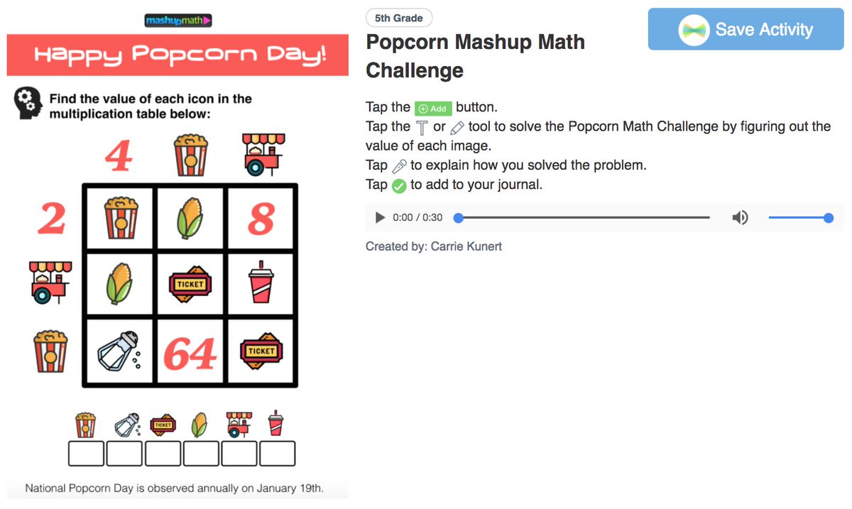 National Popcorn Day is this Friday!!  Have your class celebrate with popcorn and a multiplication Math Challenge from <a href="/mashupmath/">Mashup Math</a> added into <a href="/Seesaw/">Seesaw</a> as an activity too!  Enjoy! bit.ly/2DgZzOm