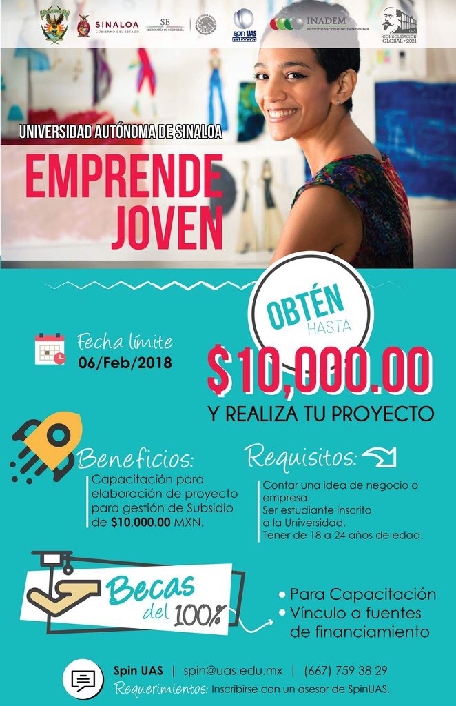 DGVRI_UASinaloa's tweet photo. ¿Tienes una idea de negocios? Participa en Emprende Joven y accede a uno de los apoyos económicos de $10 mil... #SpinUAS #emprendeUAS https://t.co/KES1x4B8qY https://t.co/8EOlt4PiL6