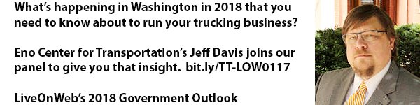 TransportTopics's tweet photo. Jeff Davis, senior fellow at @EnoTrans, joins us live in the #LiveOnWeb studio to discuss the legislative issues on the docket in 2018 that will affect #trucking companies. Tune in at noon ET at https://t.co/ceyyuIAgui. https://t.co/UR60ANluIj