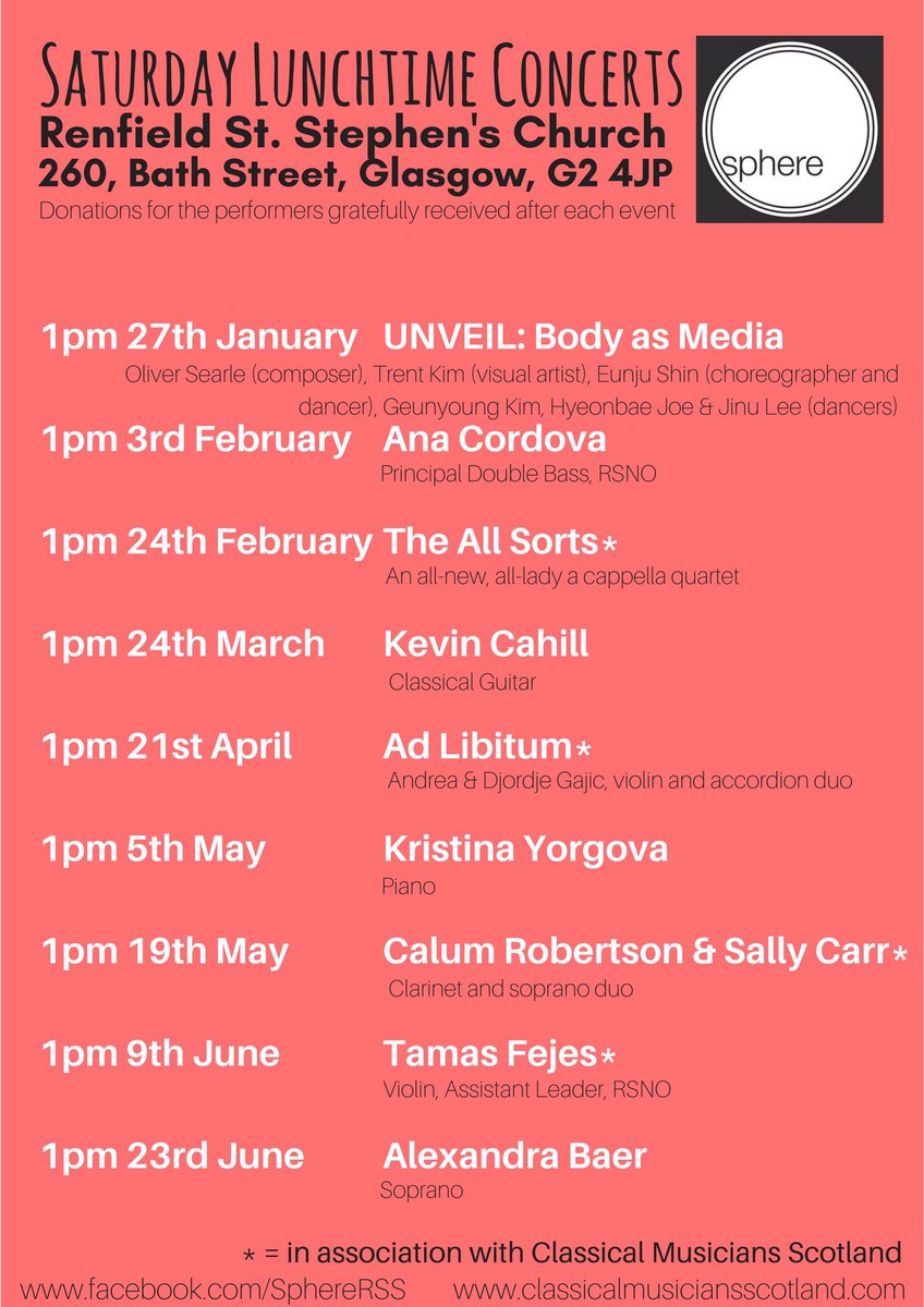Sphere at RSS (@sphererss) on Twitter photo ***ANNOUNCEMENT***
Here it is! The January-June 2018 concert series is ready for you to put in your diaries. Lots of fabulous events here featuring some of the finest performers in Scotland with some special guests from further afield too. <a href="/HendersonDaisy/">Classical Musicians</a> ***ANNOUNCEMENT***
Here it is! The January-June 2018 concert series is ready for you to put in your diaries. Lots of fabulous events here featuring some of the finest performers in Scotland with some special guests from further afield too. <a href="/HendersonDaisy/">Classical Musicians</a>