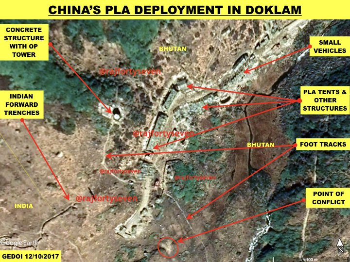 rajfortyseven's tweet image. #China #PLA has already occupied the entire #Doklam plateau right upto 10m from #IndianArmy post.
Atleast two mech regiments with transporters +additional &amp;gt;100 vehicles+7helipads+concrete hexagonal observation tower can view entire #Gnathang valley &amp;amp; more
theprint.in/2018/01/17/new…