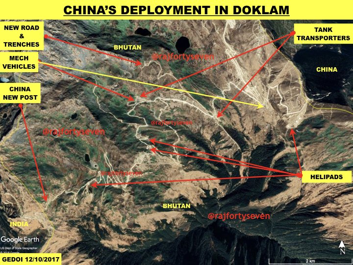 rajfortyseven's tweet image. #China #PLA has already occupied the entire #Doklam plateau right upto 10m from #IndianArmy post.
Atleast two mech regiments with transporters +additional &amp;gt;100 vehicles+7helipads+concrete hexagonal observation tower can view entire #Gnathang valley &amp;amp; more
theprint.in/2018/01/17/new…