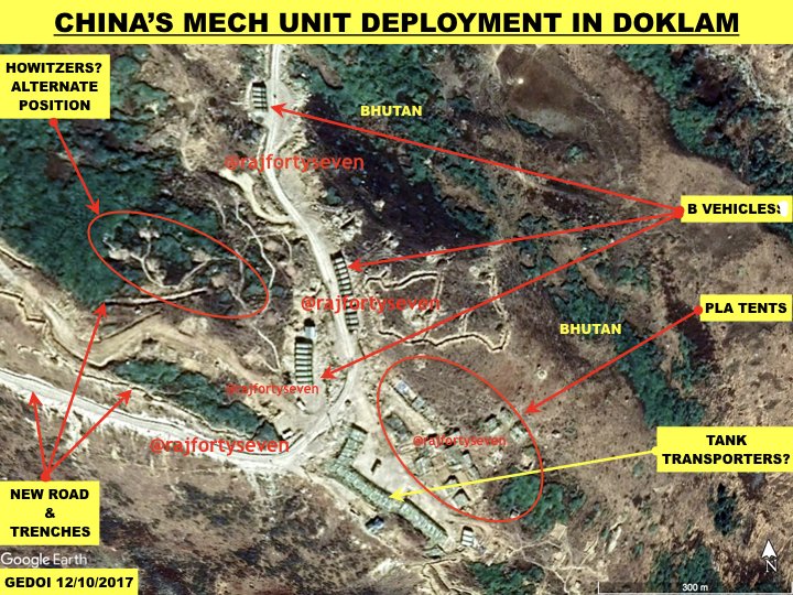 rajfortyseven's tweet image. #China #PLA has already occupied the entire #Doklam plateau right upto 10m from #IndianArmy post.
Atleast two mech regiments with transporters +additional &amp;gt;100 vehicles+7helipads+concrete hexagonal observation tower can view entire #Gnathang valley &amp;amp; more
theprint.in/2018/01/17/new…