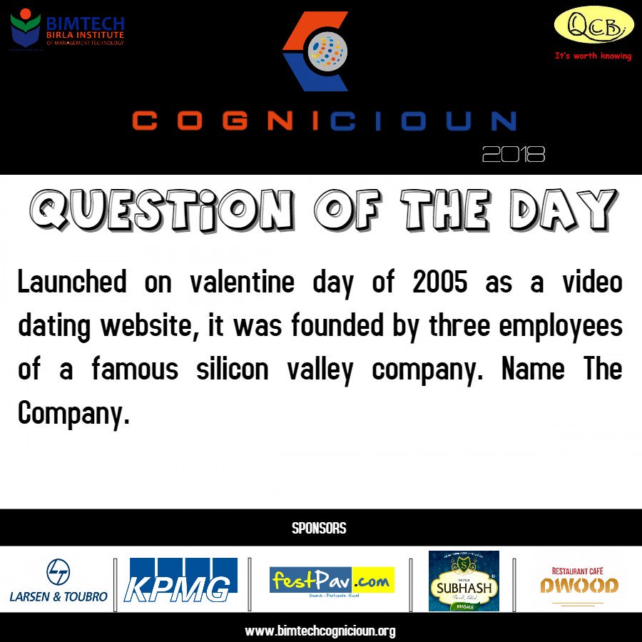 QcbBimtech's tweet photo. Here goes the question ofthe day ...
Register your team at https://t.co/kCX2mSIfn1
#sabsebadaQuizDin
#Cognicioun18
#3rdFeb2018 https://t.co/MmSTokKEDK