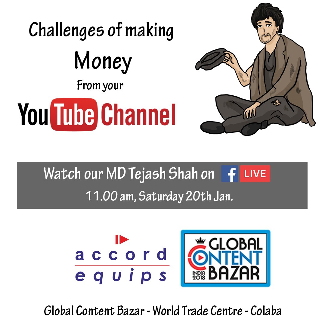 Our MD Tejash Shah Seeing him on Challenges of making money from your Youtube channel on facebook live at 11.00 am, Saturday 20th Jan. at Accord Equips facebook page.
#globalcontentbazar2018 #youtube #advertising #facebooklive #youtubechannels #accordequips #facebookpage #moment