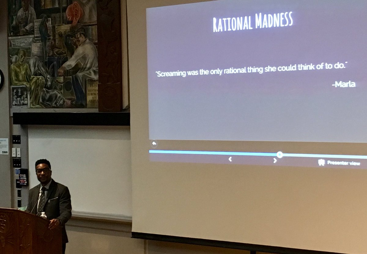 “Screaming was the only rational thing she could think of to do.”

Thank you <a href="/Laurence_Ralph/">Laurence Ralph</a> for your work de-stigmatizing mental illness <a href="/DAHSM_UCSF/">Anthrop Hist Soc Med</a> <a href="/UCSFBlackCaucus/">UCSF Black Caucus</a> <a href="/UCSFPsychiatry/">UCSF Psychiatry and Behavioral Sciences</a> <a href="/HarvardAnthro/">Harvard Anthropology</a>