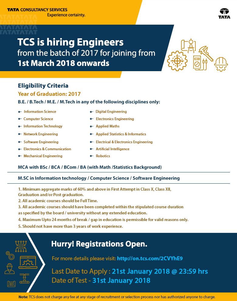 theeraja's tweet photo. Graduates from the batch 2017, here is an exciting opportunity to join the India's largest conglomerate..

Aspiring a career with the most prestigious TATA group, pl refer the poster &amp; link for more details, registrations

#Think Career-Think TCS
#Offcampus Hiring
#2017 Passouts https://t.co/6Qrg3cgMhy