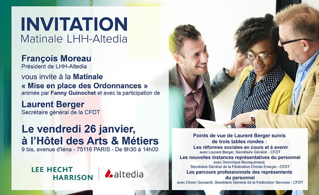 fmoreau_moreau's tweet photo. Matinale LHH-Altedia le 26 janvier à Paris avec la participation de Laurent Berger CFDT, Florence Cauvet SFR, Thierry Baril AIRBUS, Franck Mougin VINCI... https://t.co/augyDnoaSy