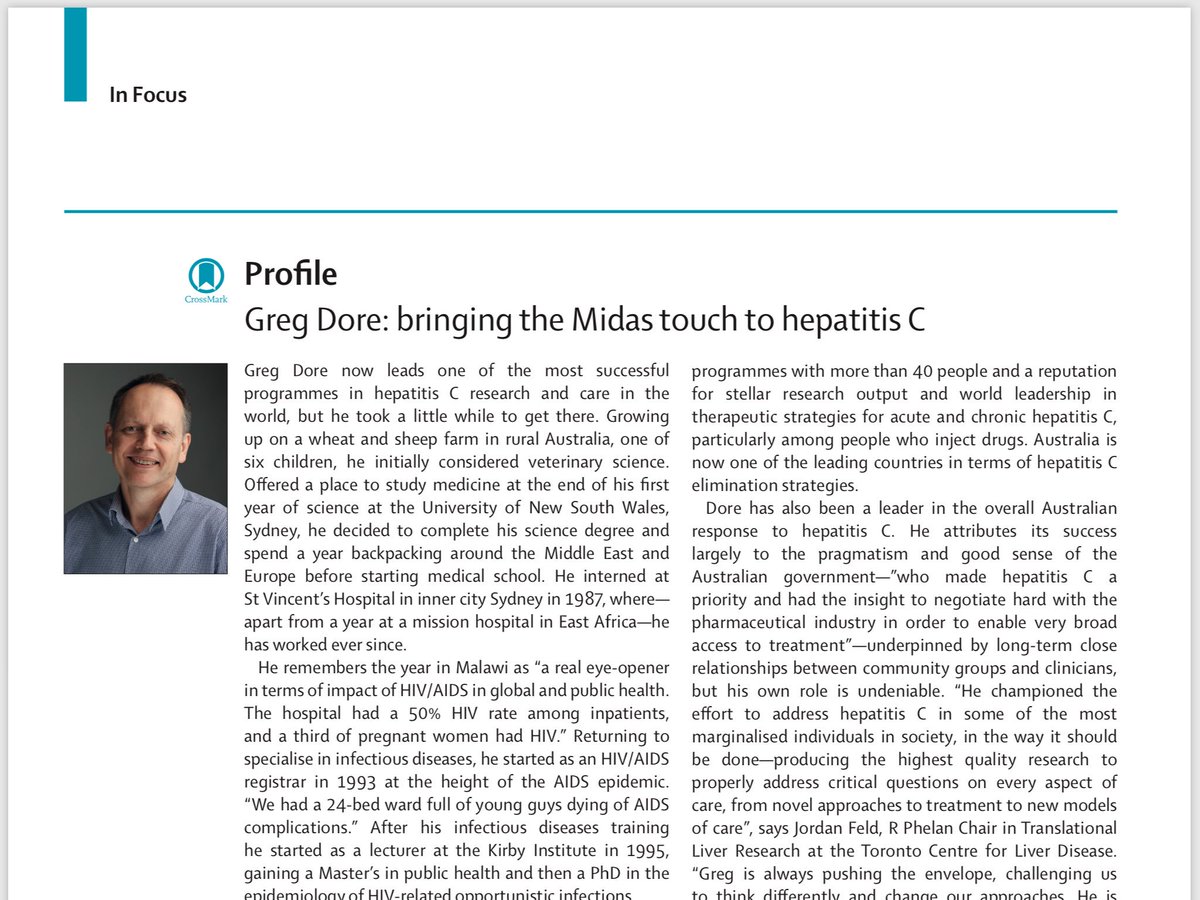 Very proud to see my mentor, collaborator, and friend @GregDore2 <a href="/KirbyInstitute/">Kirby Institute, UNSW</a> recognised by <a href="/LancetGastroHep/">The Lancet Gastroenterology & Hepatology</a> for his leadership in advancing #HCV therapeutics, care for #PWID and elimination efforts - Congrats and well-deserved! thelancet.com/journals/langa…