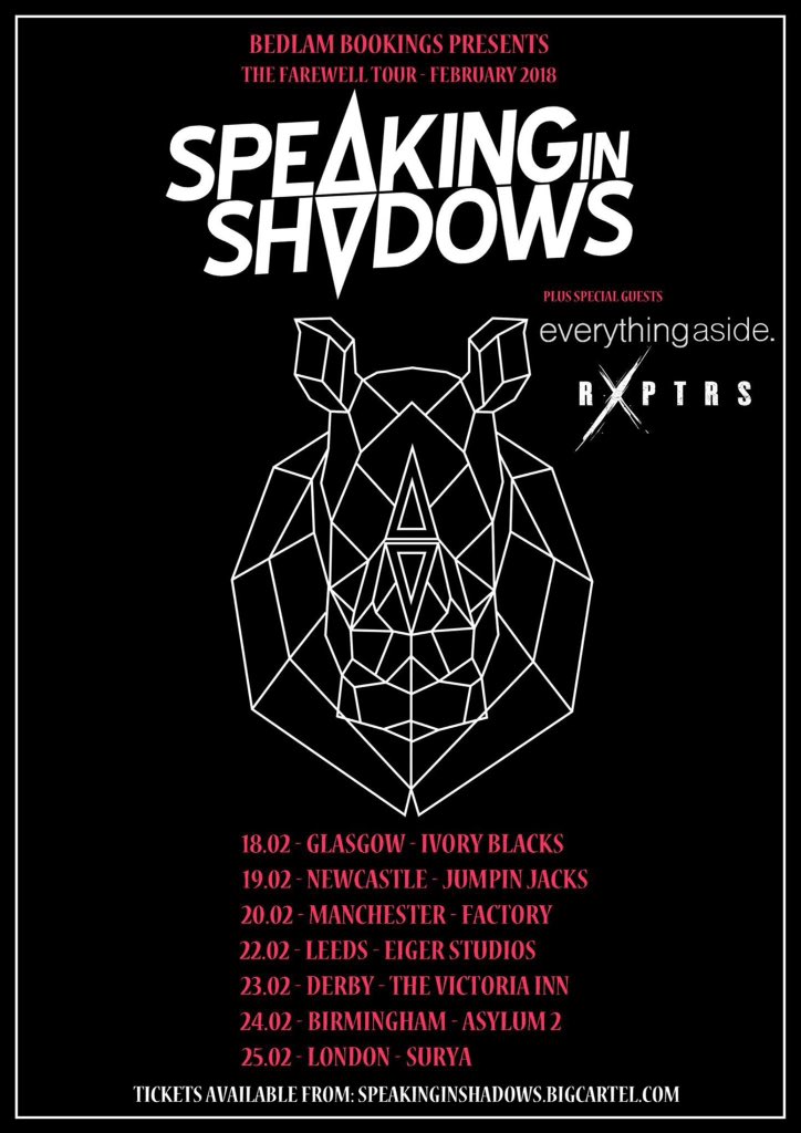 So excited to announce we're gonna be playing the Derby event on <a href="/OFFICIALSIS/">Speaking in Shadows</a> Farewell Tour with <a href="/thisisEA/">everything aside.</a> and <a href="/rxptrs/">𝐑𝐗𝐏𝐓𝐑𝐒</a> 
Friday 23rd of February at The Vic Inn, Derby! Buy tickets here:
speakinginshadows.bigcartel.com/product/farewe…