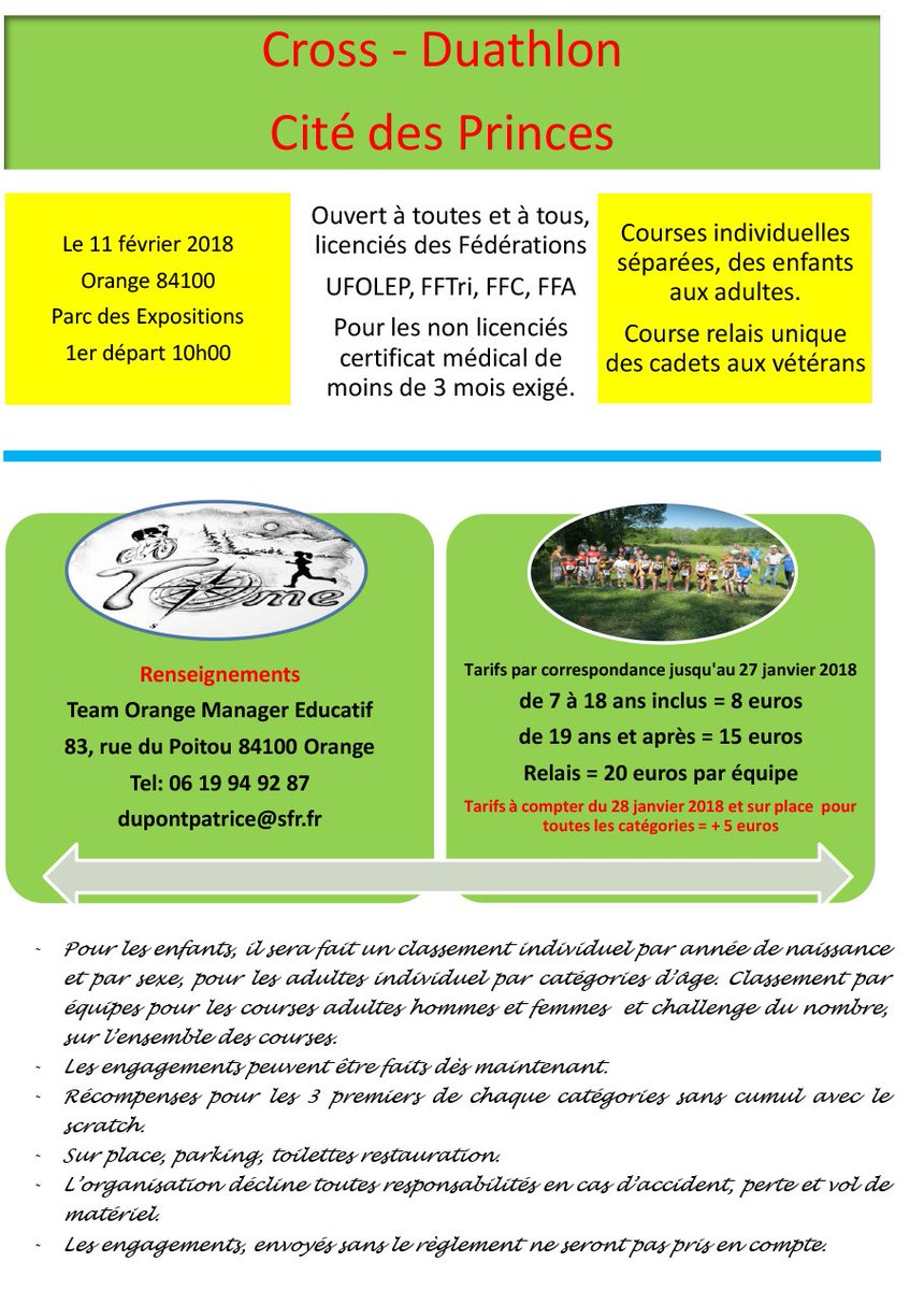 BonsPlansOrange's tweet photo. Avis aux sportifs Petits &amp; Grands L'association Organisations Team Orange Manager Éducatif​ organise un Duathlon Dimanche 11 février Parc des expositions à Orange
Tarif préférentiel jusqu'au 27 janv
Bulletin d'Adhésion &amp; Renseignements > https://t.co/7zhFBs0XCq
#SortiraOrange https://t.co/hE1PqRkw3b