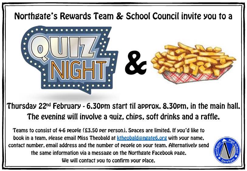 NgateCouncil's tweet photo. @DSFC1 @dsfc_senate If any Sixth Form Staff or Students want to take part in our Quiz &amp; Chips night, please get in contact - info on the poster. Fantastic raffle prizes already coming in! #quiz #chips #fundraise https://t.co/v70kxejH9k