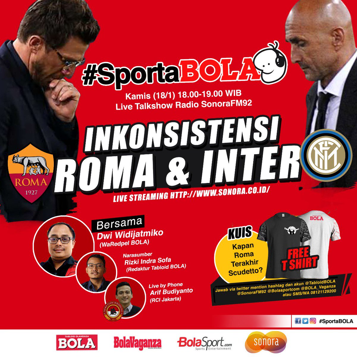 Kuis : Kapan Roma Terakhir Scudetto?
Jawab via twitter mention <a href="/TabloidBOLA/">Tabloid BOLA</a> @sonorafm92 @bolasportcom @bola_vaganza atau SMS/WA 08121129200 format jawab Nama_DaerahDomisili_Jawaban