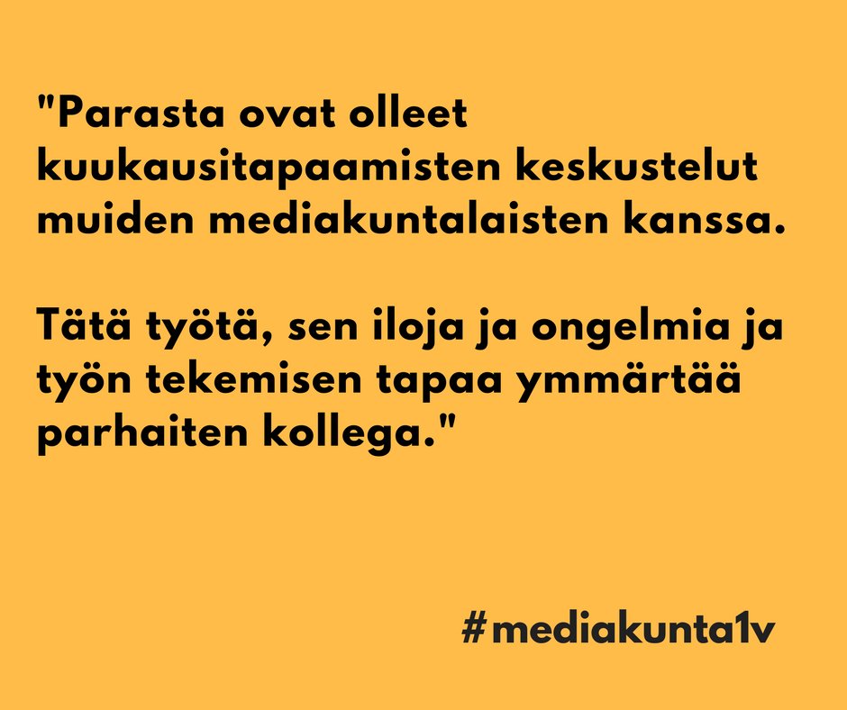 mediakunta's tweet photo. Mediakunnan 1-vuotissyntymäpäivän kunniaksi pyysimme jäseniämme jakamaan parhaat muistonsa kuluneelta vuodelta. 

Löydät jäsentemme parhaat Mediakunta-hetket tunnisteella #mediakunta1v https://t.co/jT7X98eQzl