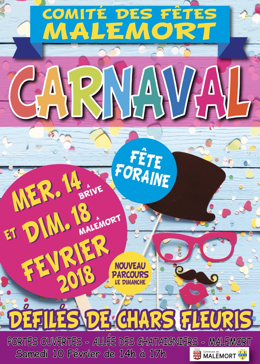 VilledeMalemort's tweet image. #CarnavalDeMalemort mercredi 14 et dimanche 18 février à #Brive et #Malemort : défilé de chars et fête foraine ! 🤡🤖🎊🎉🔅
Découvrez les chars en avant-première, samedi 10 février, à la salle des Châtaigniers.
👉 communedemalemort.fr/fr/actualites/…