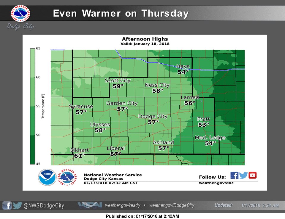 NWSDodgeCity's tweet photo. Good news everyone! Even warmer highs are expected on Thursday. #kswx https://t.co/qAvCsHknDl