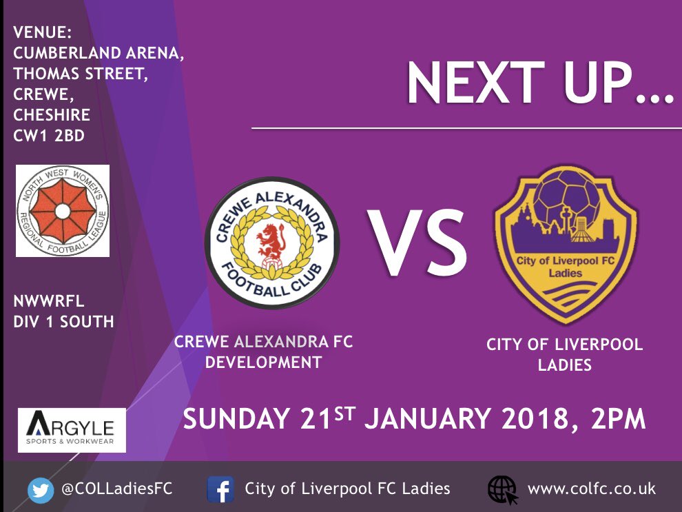 COLLadiesFC's tweet image. ⚽️| NEXT UP

This Sunday @COLLadiesFC are away to @CreweAlexLadies Dev. The reverse fixture in September saw a narrow defeat for the ladies, losing just 2-1.
Match details ⬇️

⚽️l vs @CreweAlexLadies Dev
📆l Sun 21 Jan
⏰l 2PM
🏆l @nwwrfl 
📍l Cumberland Arena CW1 2BD
#UTP