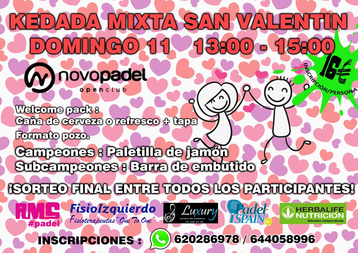 RankingMadrid's tweet photo. Kedada MIXTA #SanValentin!!!
D11 @novopadel 13:00 - 15:00
Welcome pack : Cerveza o refresco + tapa
Formato pozo.
¡SORTEO FINAL ENTRE TODOS LOS PARTICIPANTES! 😀

Premio campeones : Paletilla jamonera
Premio subcampeones : Barra de embutido

Inscripciones : 620286978 (#whatsapp) https://t.co/CPPTLRWz4m