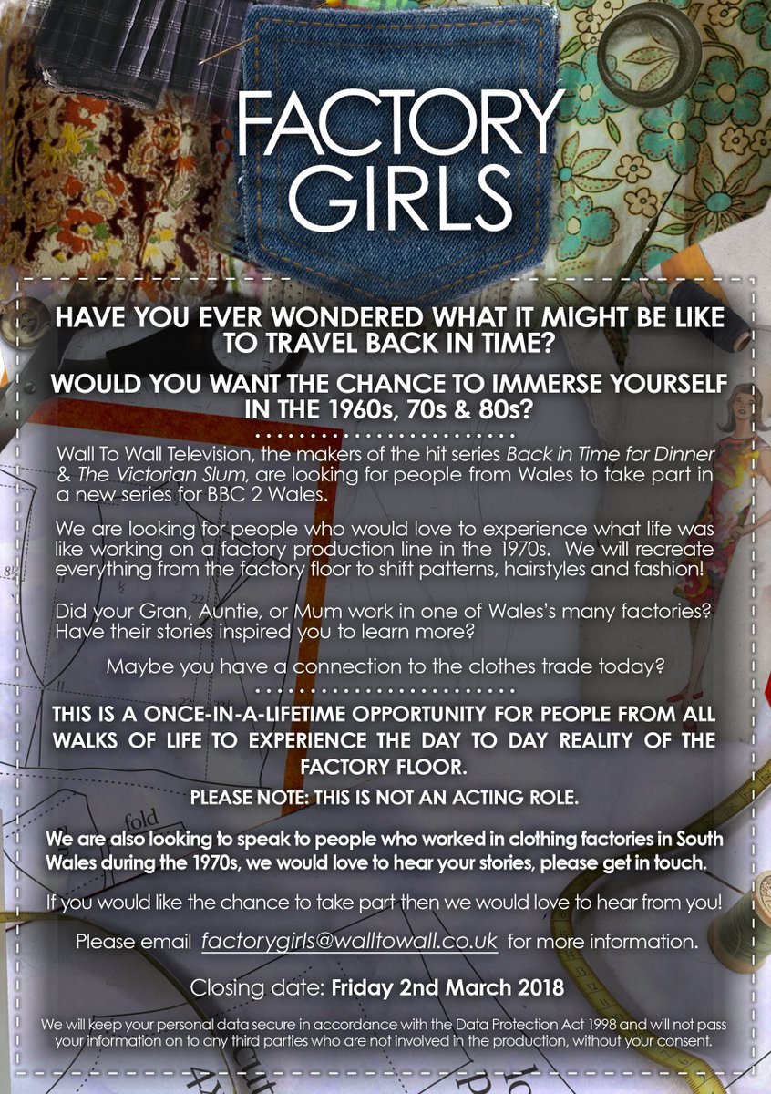 <a href="/LoveSewingMag/">Love Sewing</a> Do you live in South Wales? Are you a dab hand at #sewing ? Step back in time and be part of this brand new TV series #Cardiff #RCT #factorygirls email factorygirls@walltowall.co.uk for more info