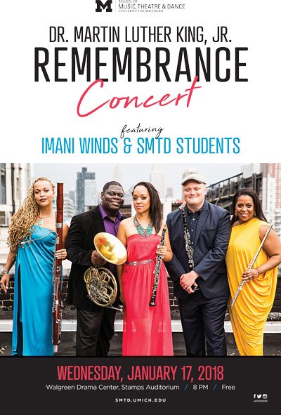 smtdexcel's tweet image. TODAY at 8pm in Stamps: @ImaniWinds , the Grammy-nominated wind quintet, will be joined by SMTD students to commemorate the life and legacy of Dr. Martin Luther King Jr.

Free admission. More info here: ow.ly/oJII30hM2uG
#umichsmtd #umichmusic #a2arts