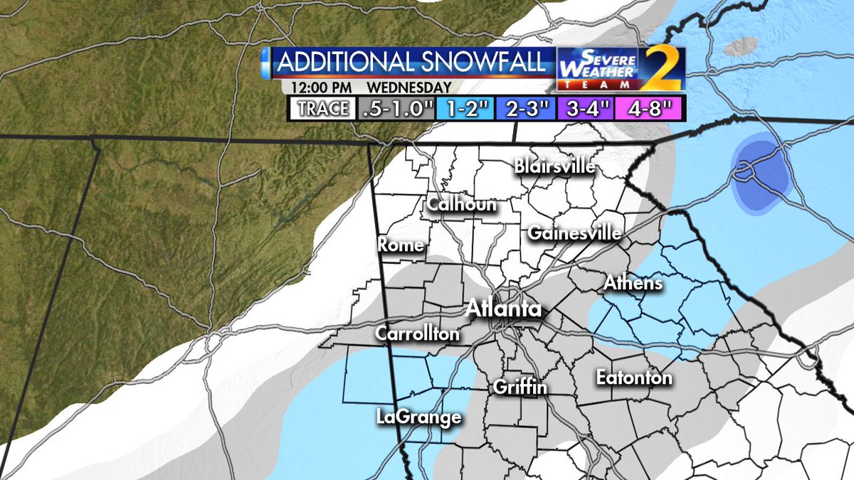 BMonahanWSB's tweet photo. ADDITIONAL SNOWFALL: Snow is ending in the northwest GA mountains now, but will continue on the south side for the next 4-5 hours. An additional inch of snow possible many spots Atlanta southward with a few higher pockets. -Brian #StormWatchon2 https://t.co/1baTrQJK00
