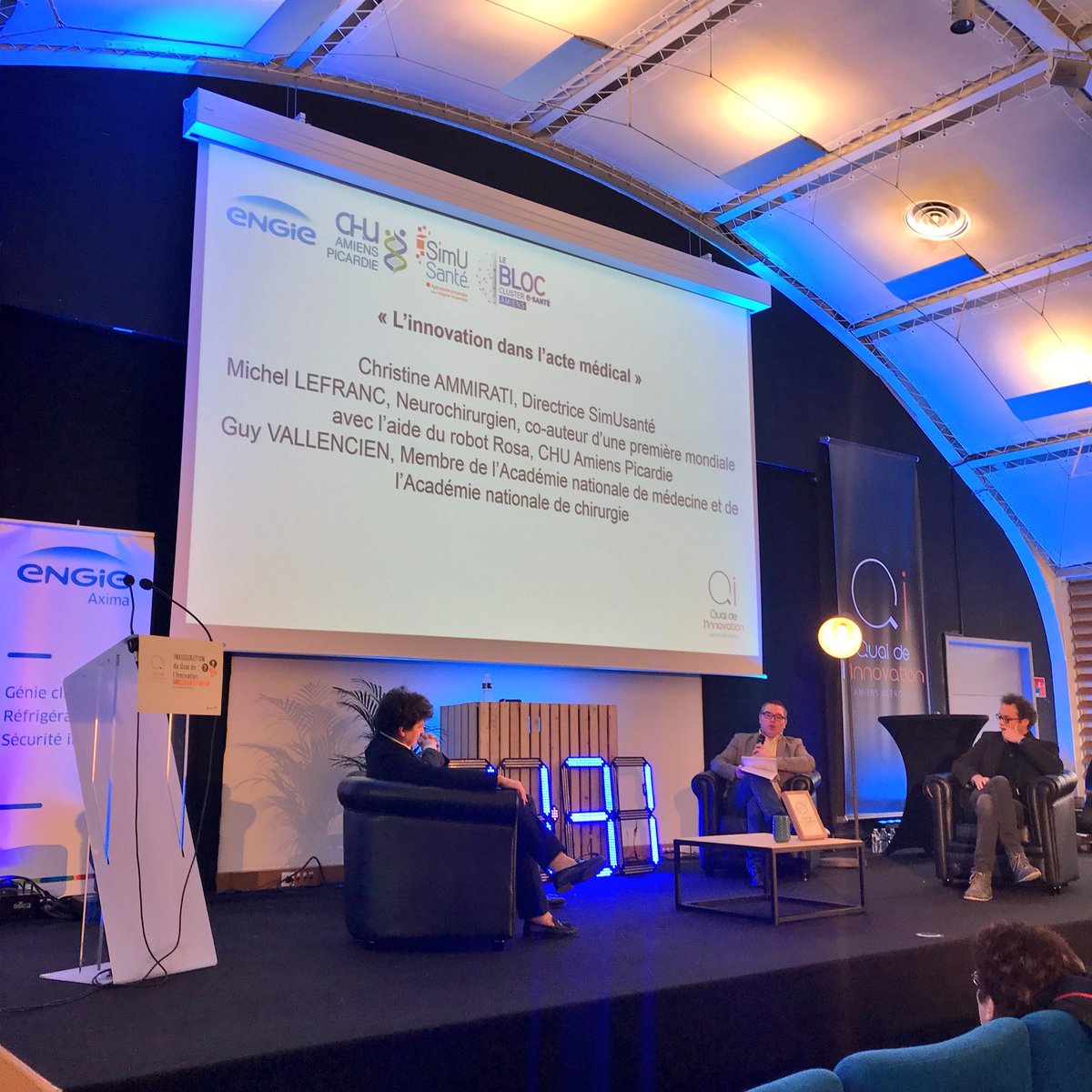 pr_gignon's tweet photo. 2eme table ronde sur l’#innovation dans l’acte médical avec le Pr. @gvallancien le Dr. @lefrancmi et le Pr. Ammirati directrice de @cpasimusante @CHUAmiens Inauguration Quai de l’Innovation #santé #Amiens #HautsdeFrance https://t.co/YsLvShm8QS