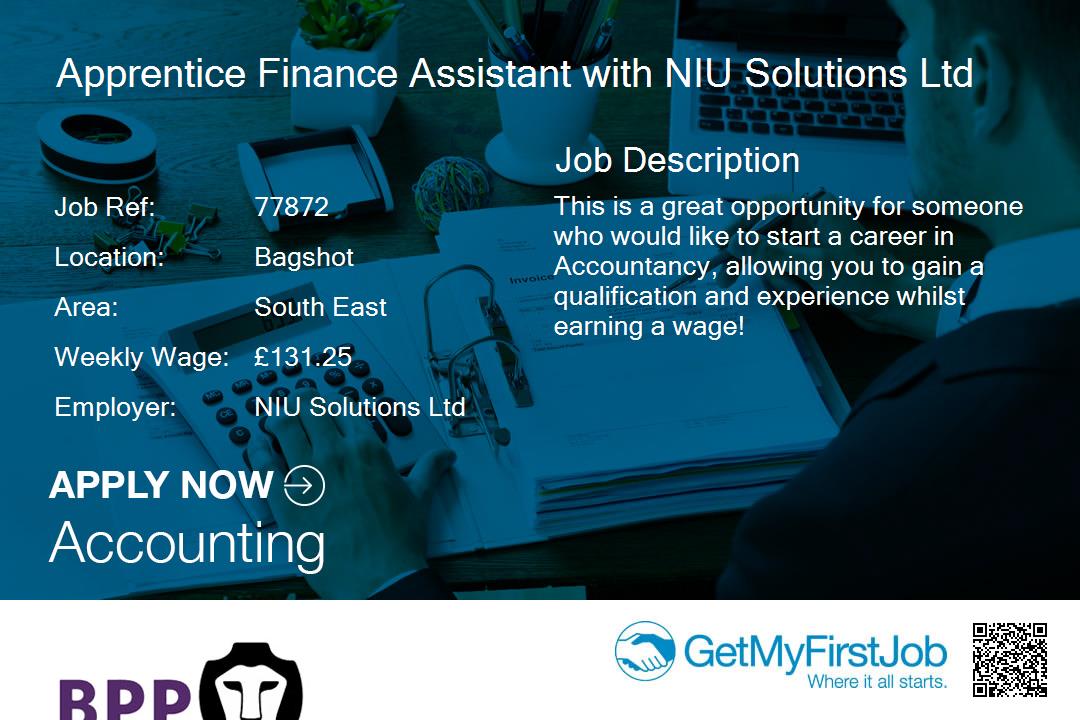 GetMyFirstJob's tweet image. Get into #Accountancy as an #apprentice Finance Assistant with NIU Solutions Ltd in #Bagshot @BPPProfApps goo.gl/ohE8iW