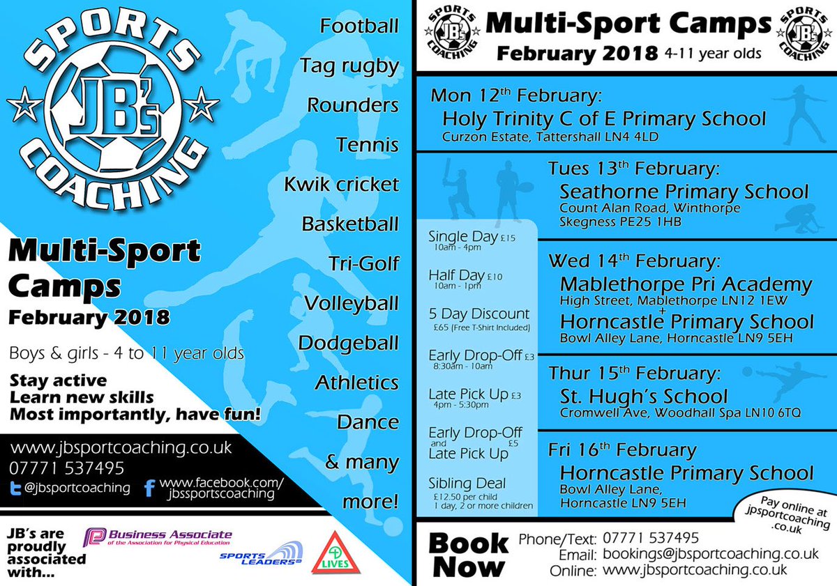 JB Sport + Education (@jbsportcoaching) on Twitter photo February half term multi sport camp bookings are now open. We have 5 venues this holiday to keep your little ones active during the holiday. @holytrinitytatt @CSMPrimary @TattershallPri <a href="/StHelenasSch/">St Helena's Primary</a> <a href="/ConingsbyHIVE/">RAF Coningsby HIVE</a> February half term multi sport camp bookings are now open. We have 5 venues this holiday to keep your little ones active during the holiday. @holytrinitytatt @CSMPrimary @TattershallPri <a href="/StHelenasSch/">St Helena's Primary</a> <a href="/ConingsbyHIVE/">RAF Coningsby HIVE</a>