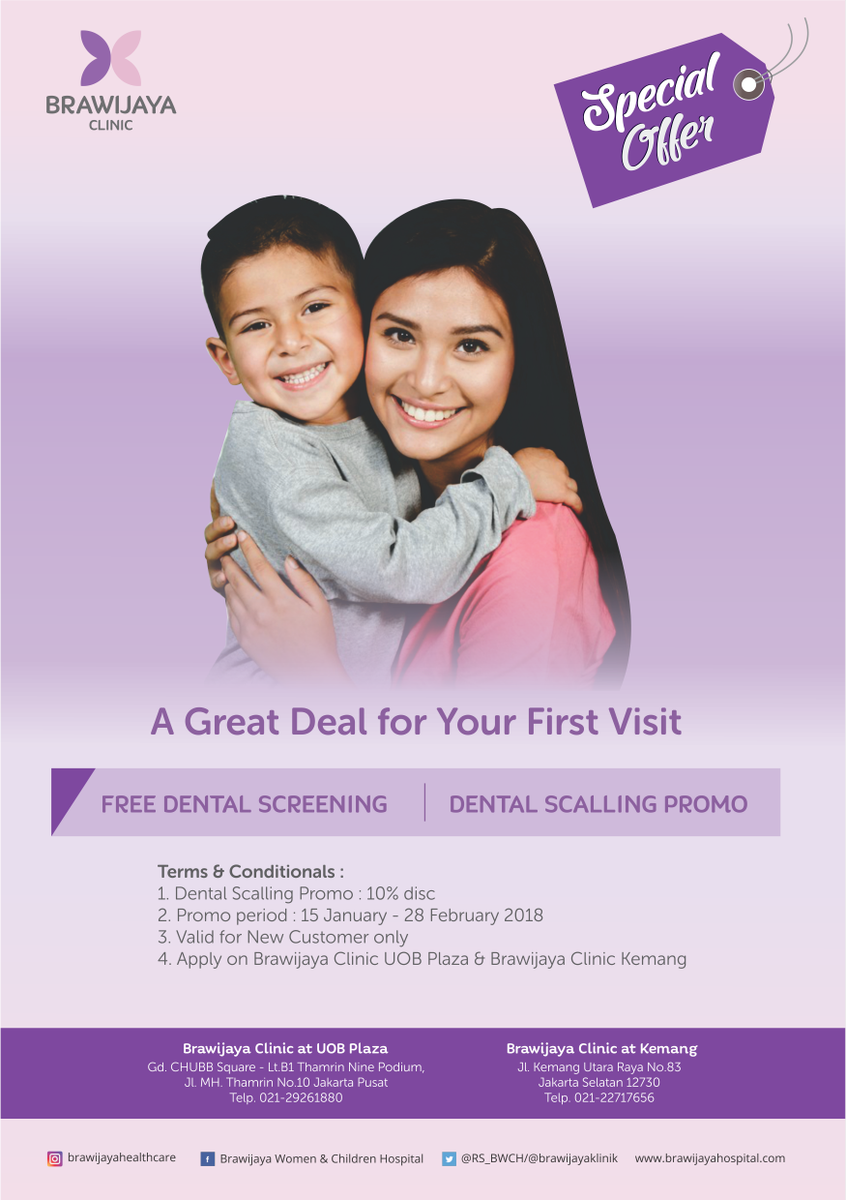ThamrinNine's tweet photo. Special Offer : "A Great Deal for Your First Visit"...Free Dental Screening and Get 10 % Discount on Dental Scalling...Promo period 15 January - 28 February 2018 at Brawijaya Clinic #ThamrinNine Basement 1 Level...t&amp;c apply. https://t.co/gticSviJmT