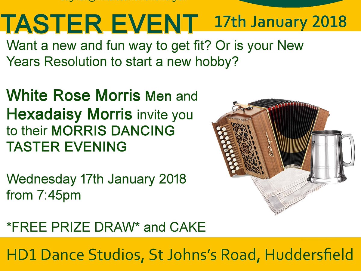 Taster session is *this evening*
Ever fancied dancing or playing for Cotswold morris? Come along tonight to HD1 dance studios.
5 St John's Road, Huddersfield, HD1 5AY
*ALL WELCOME* <a href="/WhiteRoseMorris/">White Rose Morris Men</a> <a href="/Hexadaisy/">Hexadaisy</a>