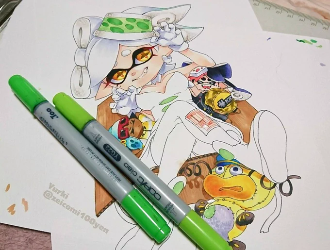 完成間近で、画像のYG23とG14の2つのインクが無くなってしまってホタルちゃんのタイツが塗れない…注文しなきゃ 