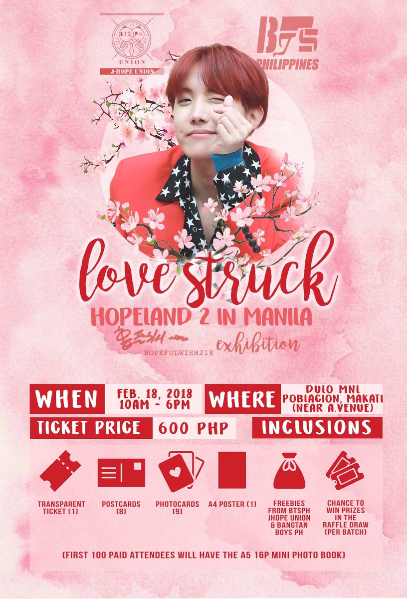 ❤ Love Struck - Hopeland 2 in Manila A bday Exhibition for Jung Hoseok 🌞
REGISTER 👉 tinyurl.com/LoveStruck-Hop…
🔹WHEN: FEB. 18 | 10AM-6PM
🔹WHERE: DULO MNL - Poblacion, Makati (near A-venue Makati)
Let's celebrate his bday &amp; get Love Struck by Jung Hoseok!😍🌻