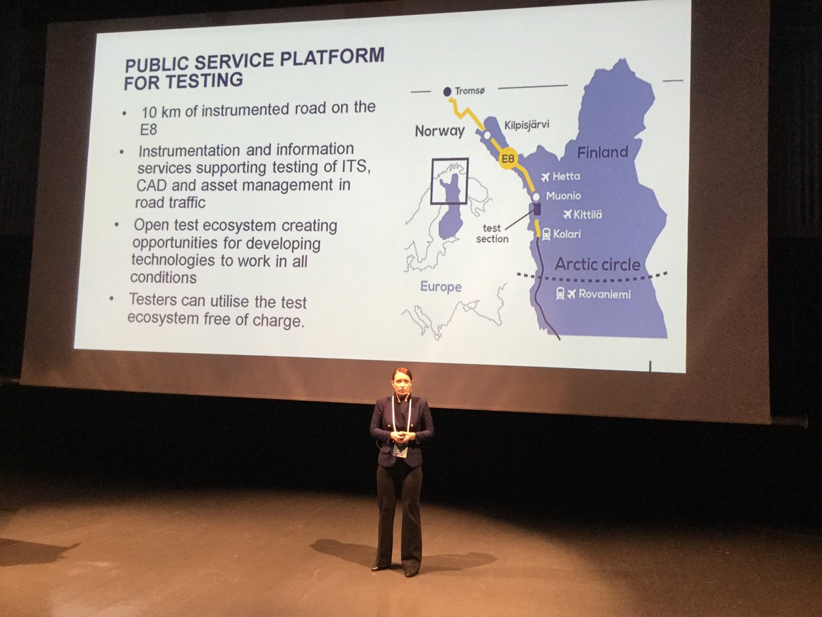 risto_kulmala's tweet photo. Alina Koskela @Liikennevirasto explains the Aurora test section aims to facilitate testing of new ITS, asset management as well as connected and automated driving on an open road offering 5 cm positioning accuracy and also a Snowbox car #AuroraSummit2018 #snowtonomous #snowbox https://t.co/B7gCvbA5yP