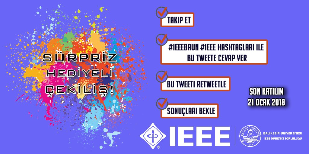 ieeebaunsb's tweet image. IEEE BAUN Ailesi Olarak Çekiliş yapma sırası bizde! Sürpriz hediyeleri kazanmak için bu twiti RT yapıp , #IEEE ve #IEEEBAUN Hastagleri ile bu twite cevap vermen yeterli ! Son katılım 21 Ocak !  #IEEE #IEEEBAUN